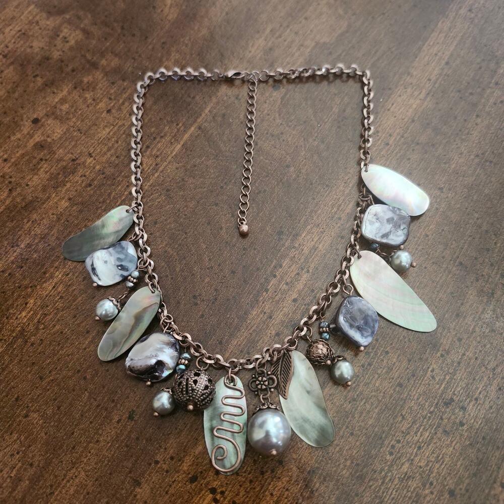 Lia Sophia Copper Abalone Shell Faux Pearl Dangle Charm Bib Necklace 15-19" Boho